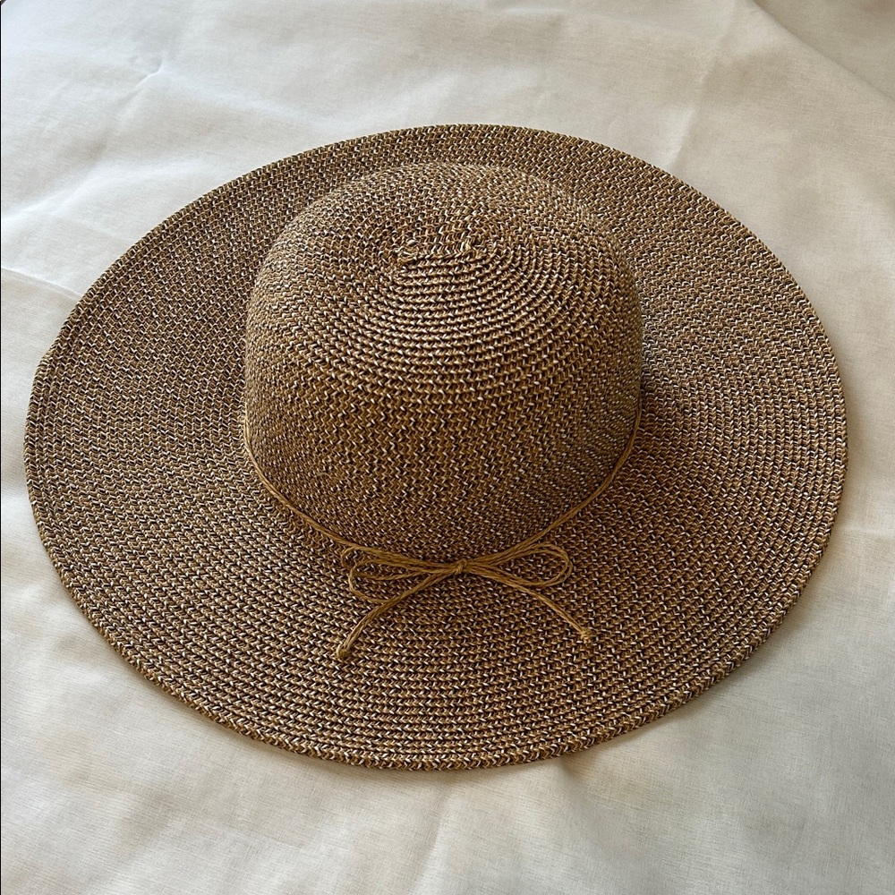 Nine West Woven Straw Sun Hat Wide Brim Neutral Bow One Size